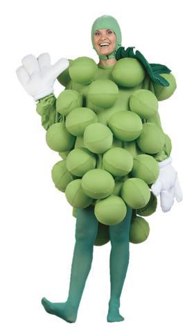 Food and beverage costumes for rent showing a woman in a grape suit